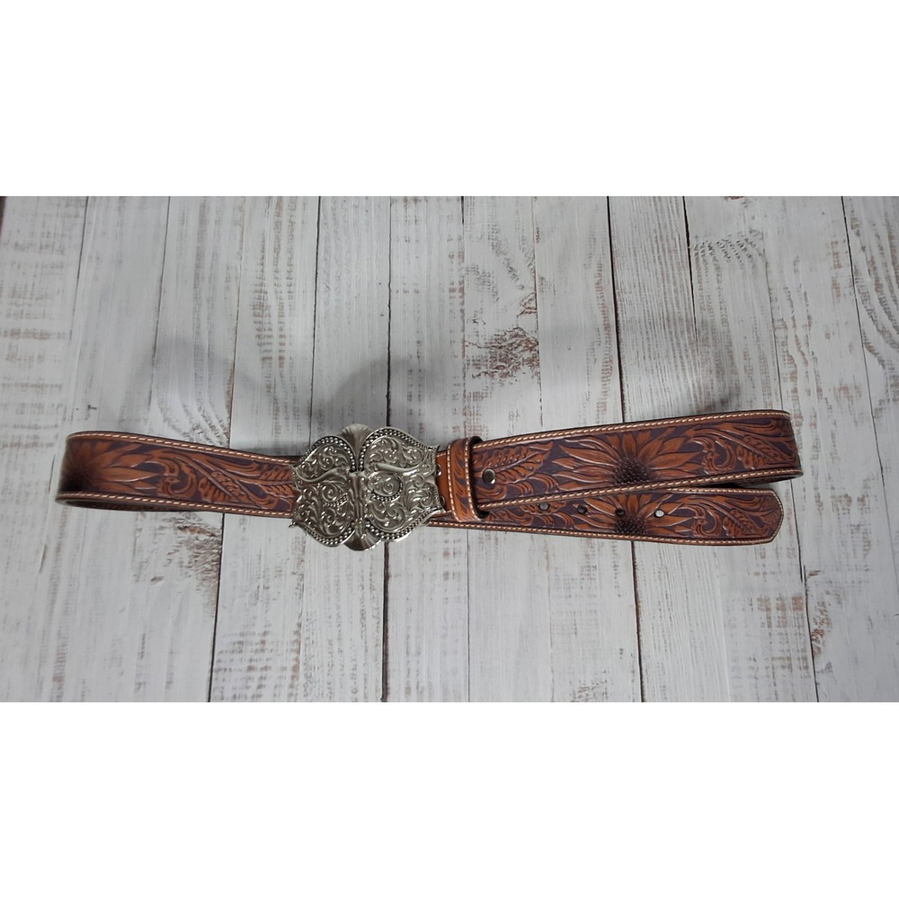 Nocona Womens Sunflower Tooled Leather Belt Silver-tone Western Longhorn Buckle